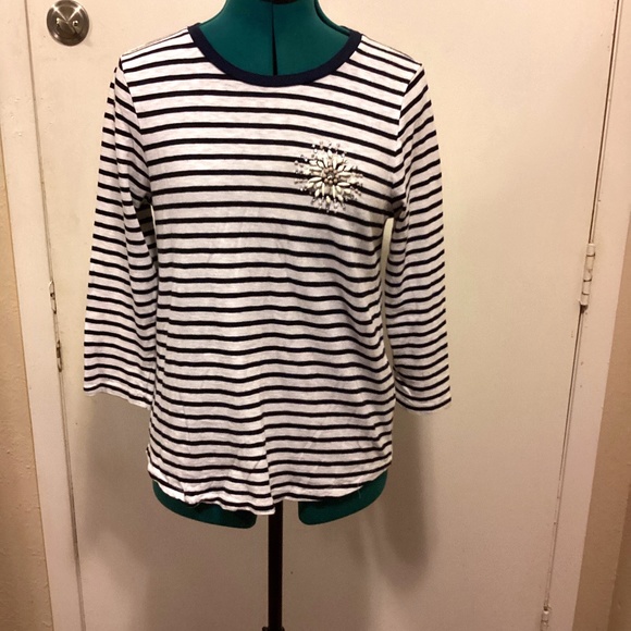 J. Crew Tops - J.Crew 3/4 length sleeves Navy & White Striped Top w/beading Med